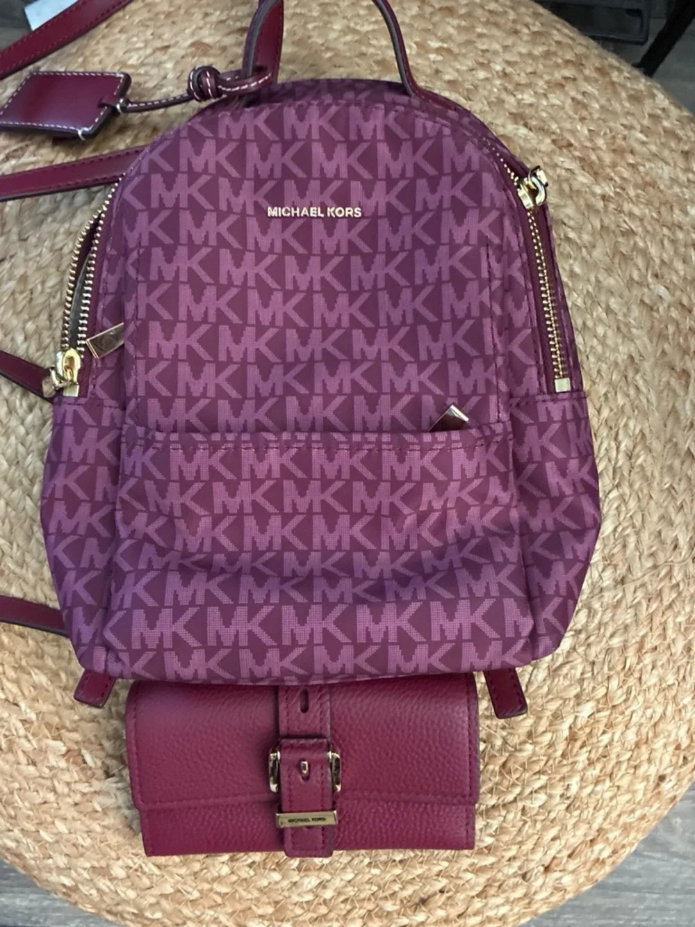 Michael Kors Burgundy MK Logo Backpack with Matching Wallet
